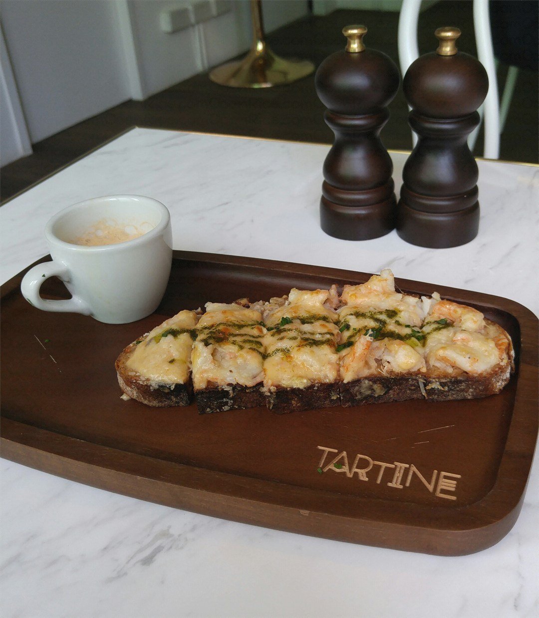 prawn & bechamel tartine