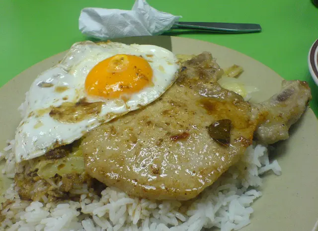 豬扒蛋菜飯加牛腩汁 