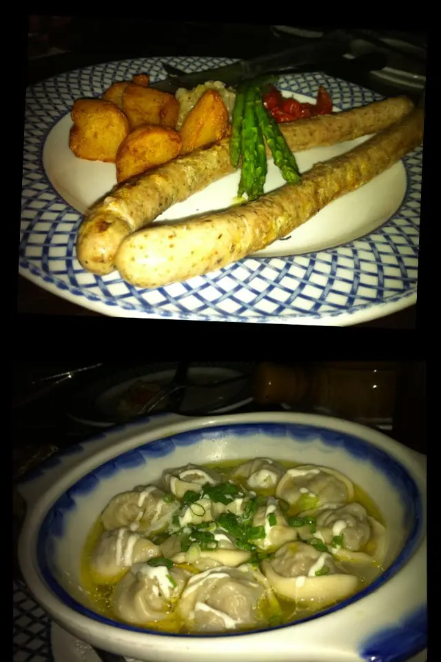 (上):俄式豬肉腸伴酸椰菜及燒薯 (下): 西伯利亞豬肉雲吞