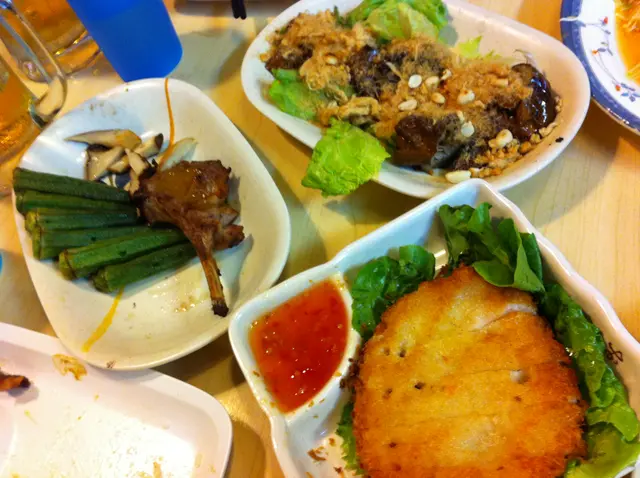 okra, mushroom, lamb chop, massive prawn cake, eggplant