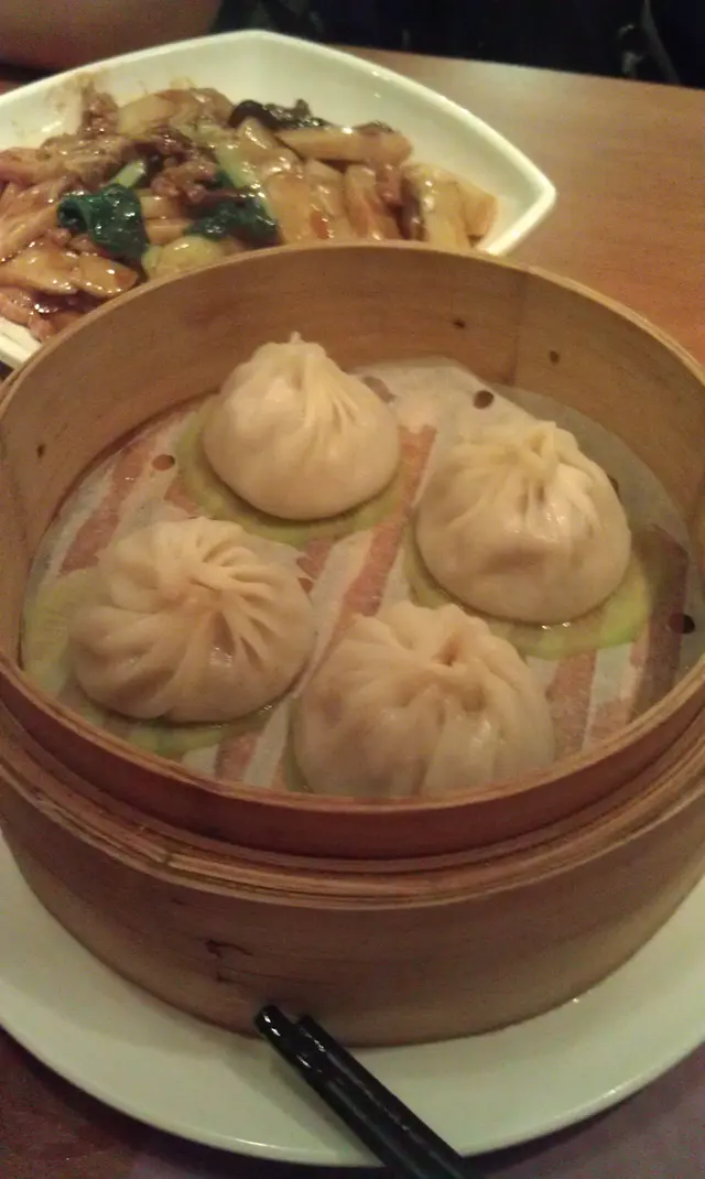 新鮮熱辣的小籠包，皮薄但又不易穿，連湯沾醋一起吃，好滋味！^^