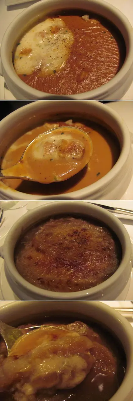 龍蝦湯酒精味未散,湯很澀也很鹹;法式洋蔥湯真的好喝