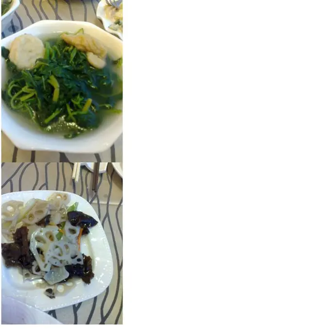 上圖：濃湯魚腐浸時蔬；下圖：西芹炒荷糖百合