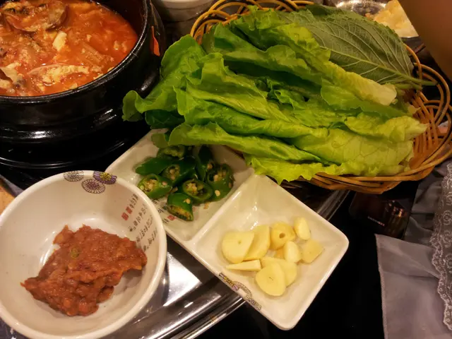 麵豉醬﹑辣椒﹑蒜片﹑生菜﹑芝麻葉