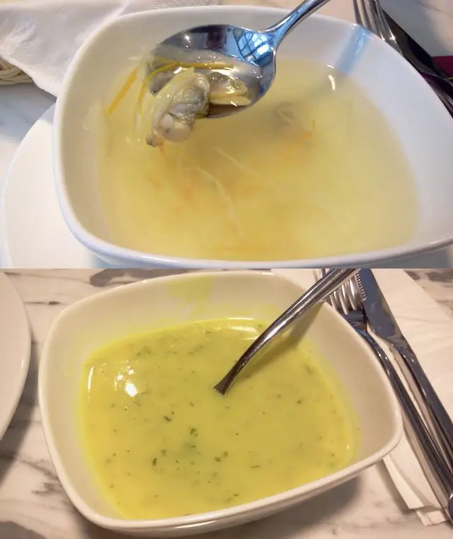 蜆肉湯（上）和薯仔忌廉湯（下），不過不失
