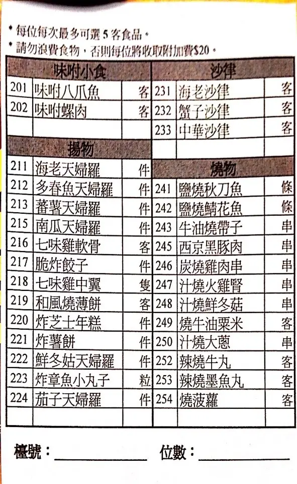 聲稱可供選擇的食品種類