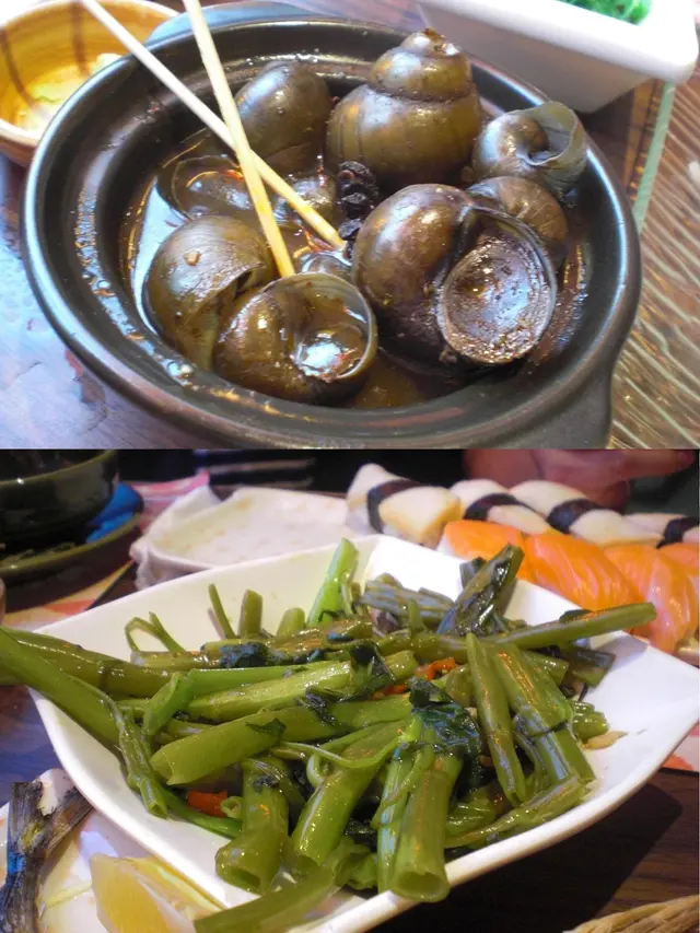 台北路邊田螺(上)、馬拉盞炒時蔬(下)