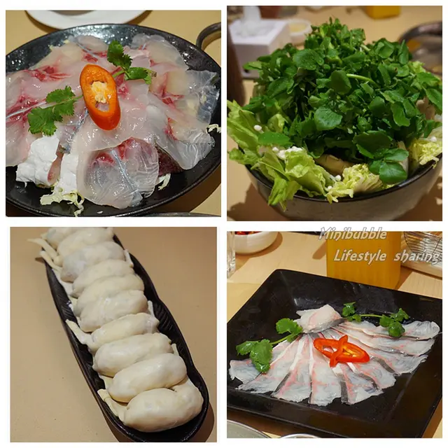 左上:白鱔片 左下: 水餃皇 右上:野菜藍 右下:脆肉鯇魚腩