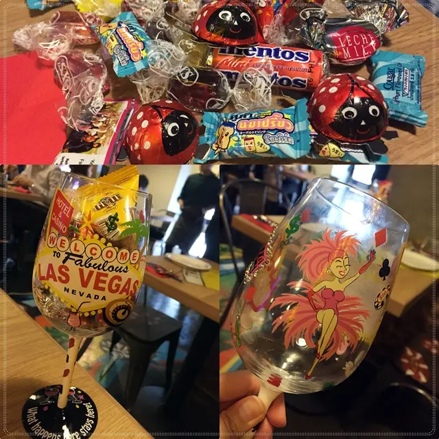每檯彩色玻璃杯盛載各款糖果, 有誰不愛?