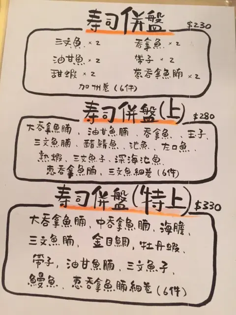 壽司拼盤餐牌
