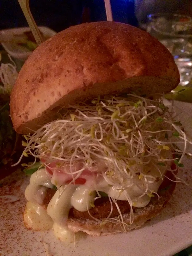 香脆黑椒大豆炸餅漢堡包伴南瓜薯角及神秘有機醬汁田園沙律