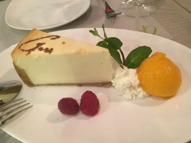 new york cheese cake with mango sorbet