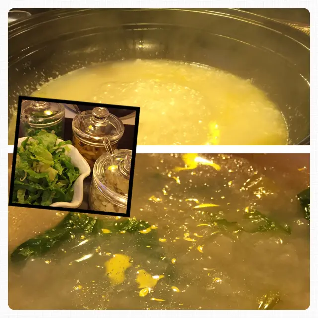 來到尾聲，終於可以品嚐煮了兩小時的「海鮮粥」，此粥吸收了各款海鮮的精華，顧客可自由加入配菜，而我就覺得，剛才的海鮮精神已非常足夠，所以，只加了少許菜絲已覺非常足夠！