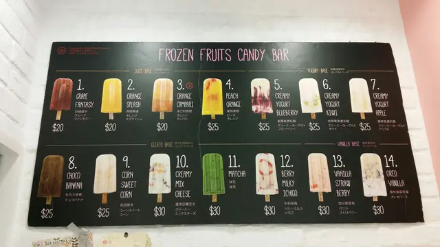 一目了然，只有14款手制雪條，而大部份鮮果是來自日本的，所以價錢由$20至$30一支。而當中有一款是含有酒精，所以要18歲以上才可買！