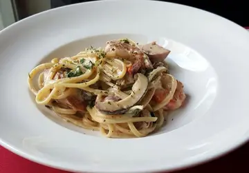 Linguine + Prawn, Wild mushroom & Sausage + Cream sauce