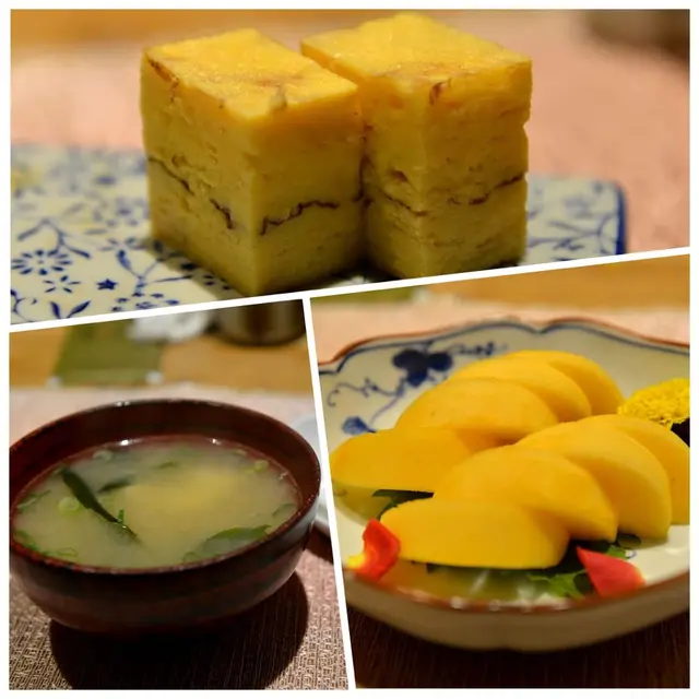 玉子(上)、魚湯(左下)、日本富柚柿(右下)