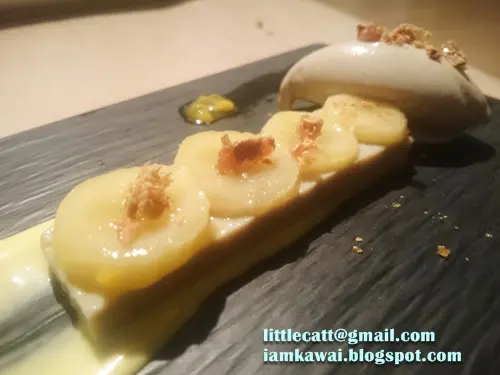 banana ice cream and pudding with passion fruit cream and crispy peanut