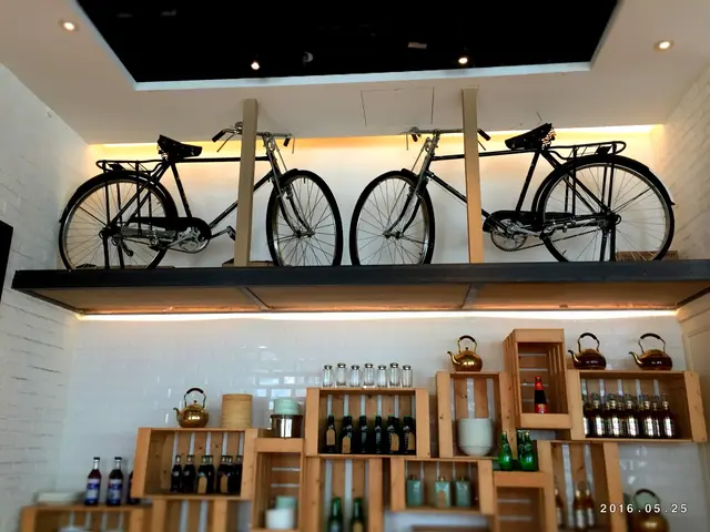 老式的自行車並放有小盆栽與板牆壁上的小插畫