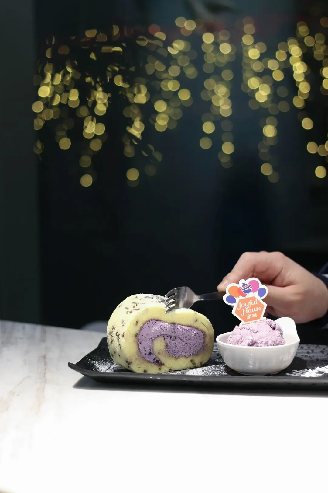 lavender, taro with taro ice-cream, taro whipped cream, seaweed