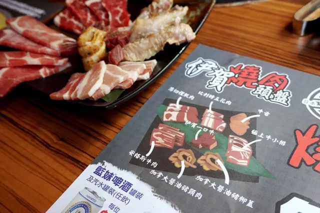 安格斯牛肉、加拿大醬油豬頸肉、加拿大醬油豬柳蓋、極上牛小排、牛舌、比利時五花肉、薄切裡肌肉及伊賀一口牛