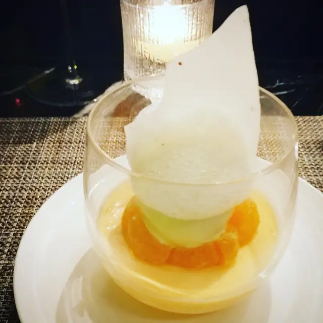 Yuzu and lemon posset, mikan, mandarin and yoghurt ice cream, white chocolate tuile.