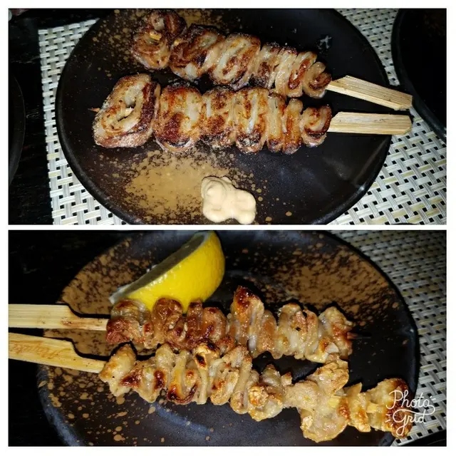 燒豬腸 (上),燒雞皮 (下)