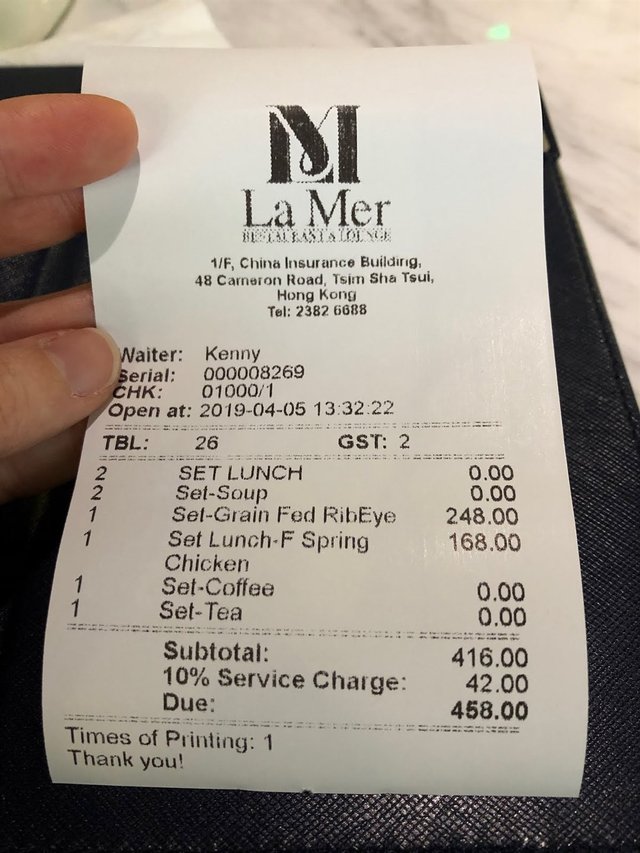 Receipt - Apr 2019 - La Mer Restaurant & Lounge's photo in Tsim