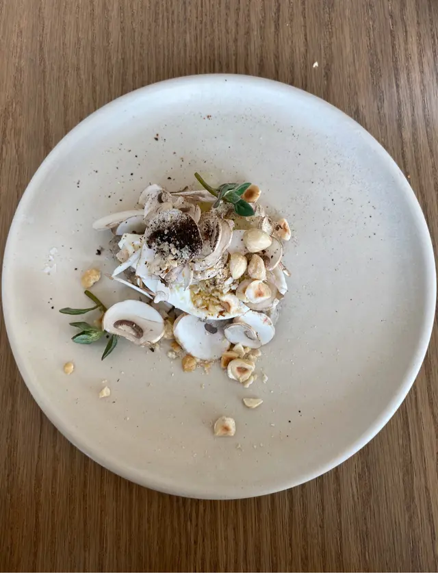 Burrata raw and cooked mushrooms, smoked hazelnut 