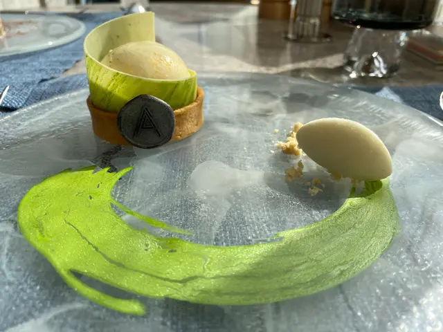 poached pear tonka bean crumble yogurt icec cream