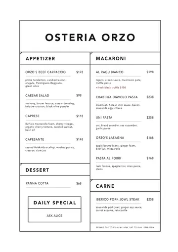 Osteria Orzo Menu 