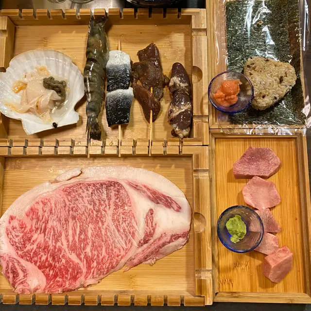 鹿兒島A4和牛西冷,明太子帆立貝,燒鱔,阿波尾雞心,阿波尾雞腎,芥末鹽牛舌芯