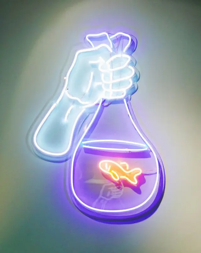 店內最搶眼莫過於係呢個魚袋霓虹燈。