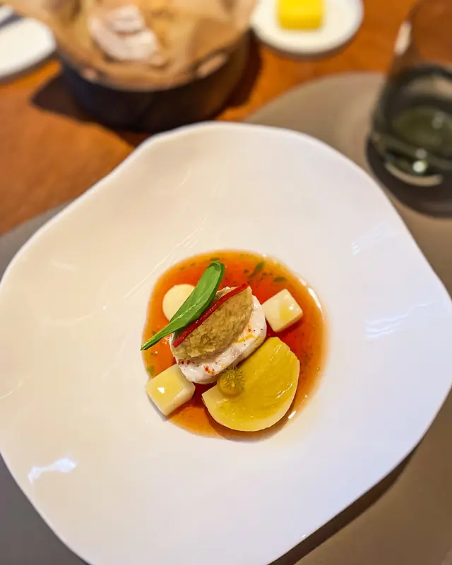 Suzuki° Cuttlefish° Bell Pepper° Tarragon Oil° Fennel° Saffron° Garlic° Orange°