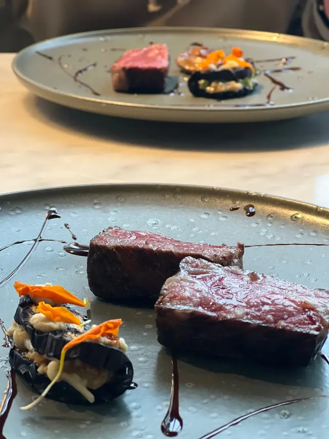 slow cooked 12 hours abalone dried shrimp A3 Kagoshima wagyu beef sirloin grilled aubergine