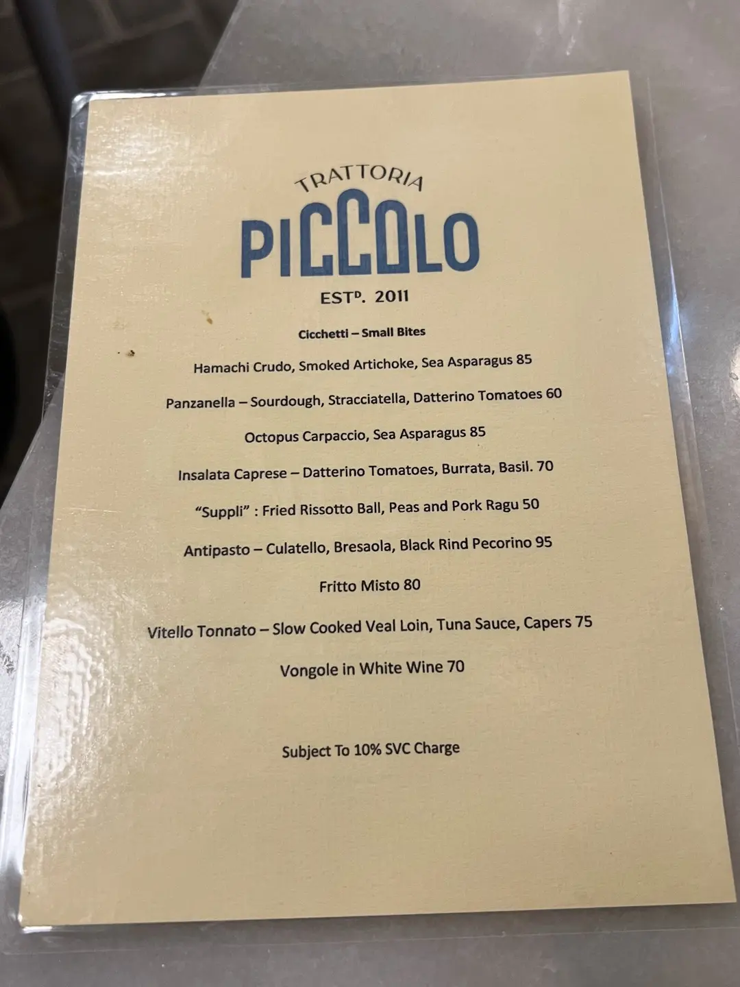 Trattoria Piccolo's Menu Italian Pizza in Western District Kennedy