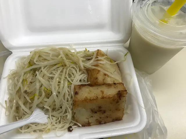 加錢嘅腐竹薏米豆漿，腐竹已經溶化得無影無蹤，同普通豆漿冇分別。雜菜炒米嘅雜菜變成銀芽。