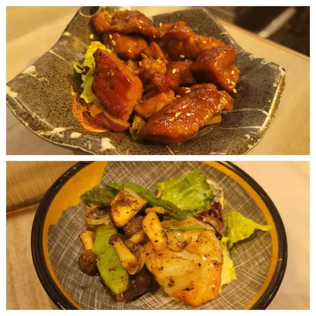 黑椒蜜汁一口牛,松露翡翠野菌炒虎蝦球