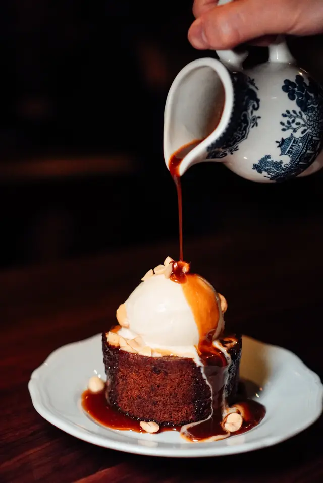 Banana Sticky toffee pudding with popcorn gelato