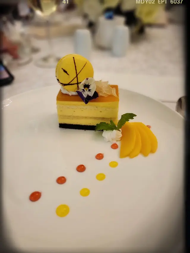 Opera Mango Cake with Macaron & Golden Pomelo