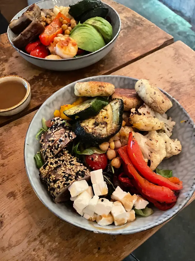 Baked Organic Tofu Patties, Seared Sesame Tuna, Feta Cheese, Roasted Veggies