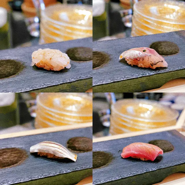 白蝦-晶瑩剔透，肉質非常柔軟，入口鮮甜
黃金池魚-鮮甜嫩滑，有彈性
小肌-鰶嘅幼魚，有咬口仲好鮮美
中拖羅-油花適中，食到魚油香肉香
