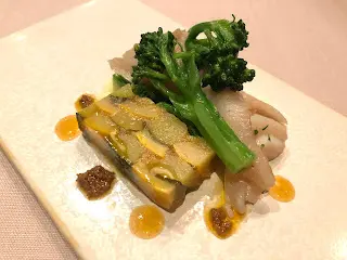 Grilled “Miru” geoduck and broccolini salad, with zucchini terrine