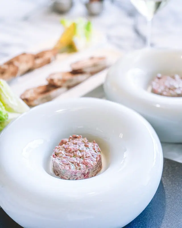Hanger Steak Beef Tartare, Crispy Baguette Toast & Butter Lettuce