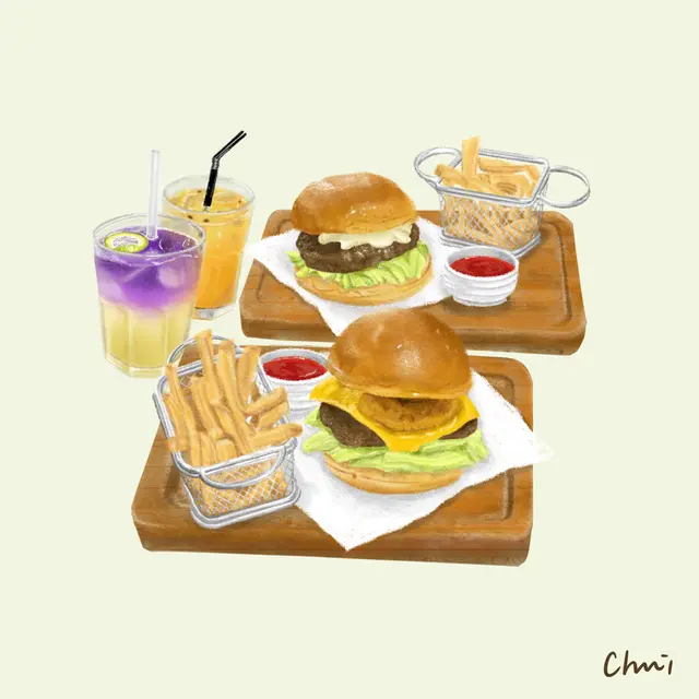 德洲燒烤牛肉漢堡配薯條, 煙肉藍芝士漢堡配薯條 