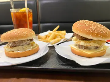 单层汉堡芝士蛋包拼炸薯条