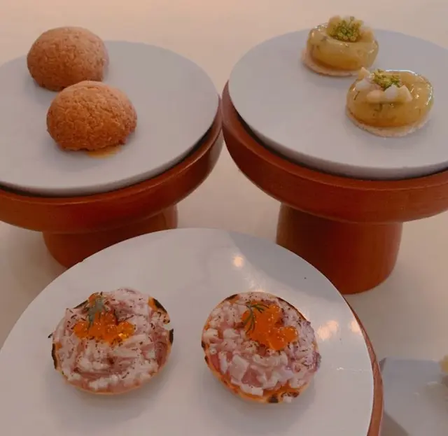 tuna tartare tart, truffle cheese ball, lemon celery crisp