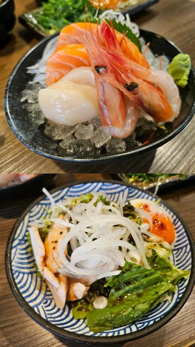 刺身三品盛合及溫泉蛋慢煮雞肉沙律