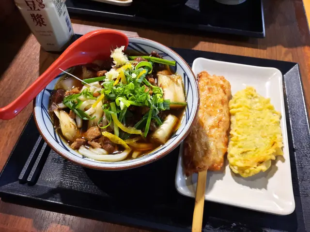 京蔥鴨肉湯烏冬、野菜魷魚、蕃薯天婦羅