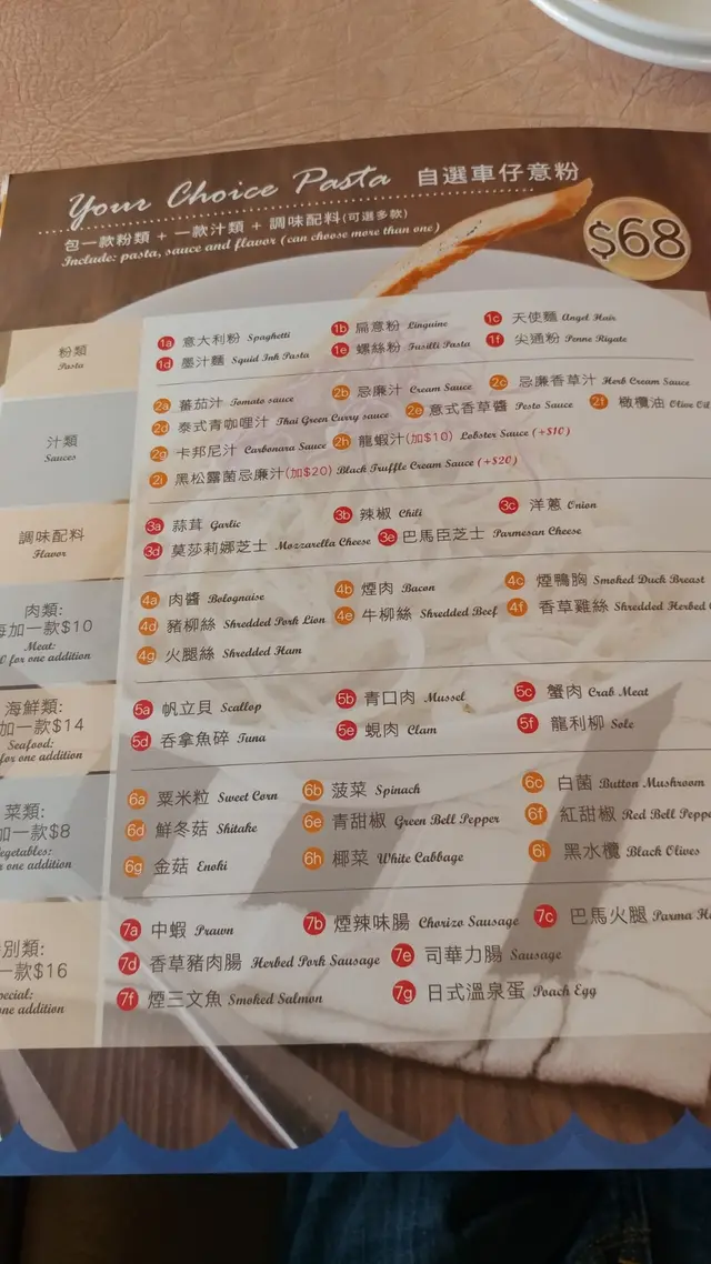 車仔意粉, 可自選醬汁, 配料和意粉款式