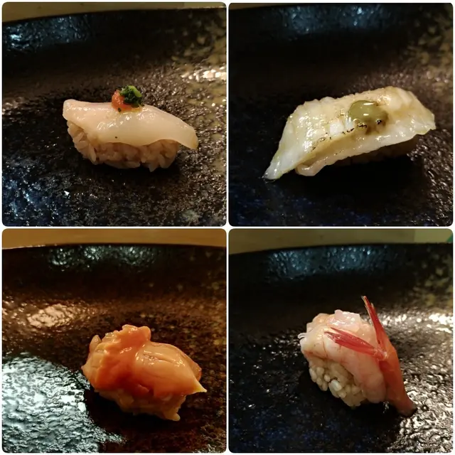 左口魚邊壽司，左口裙邊壽司，赤貝壽司，甜蝦壽司